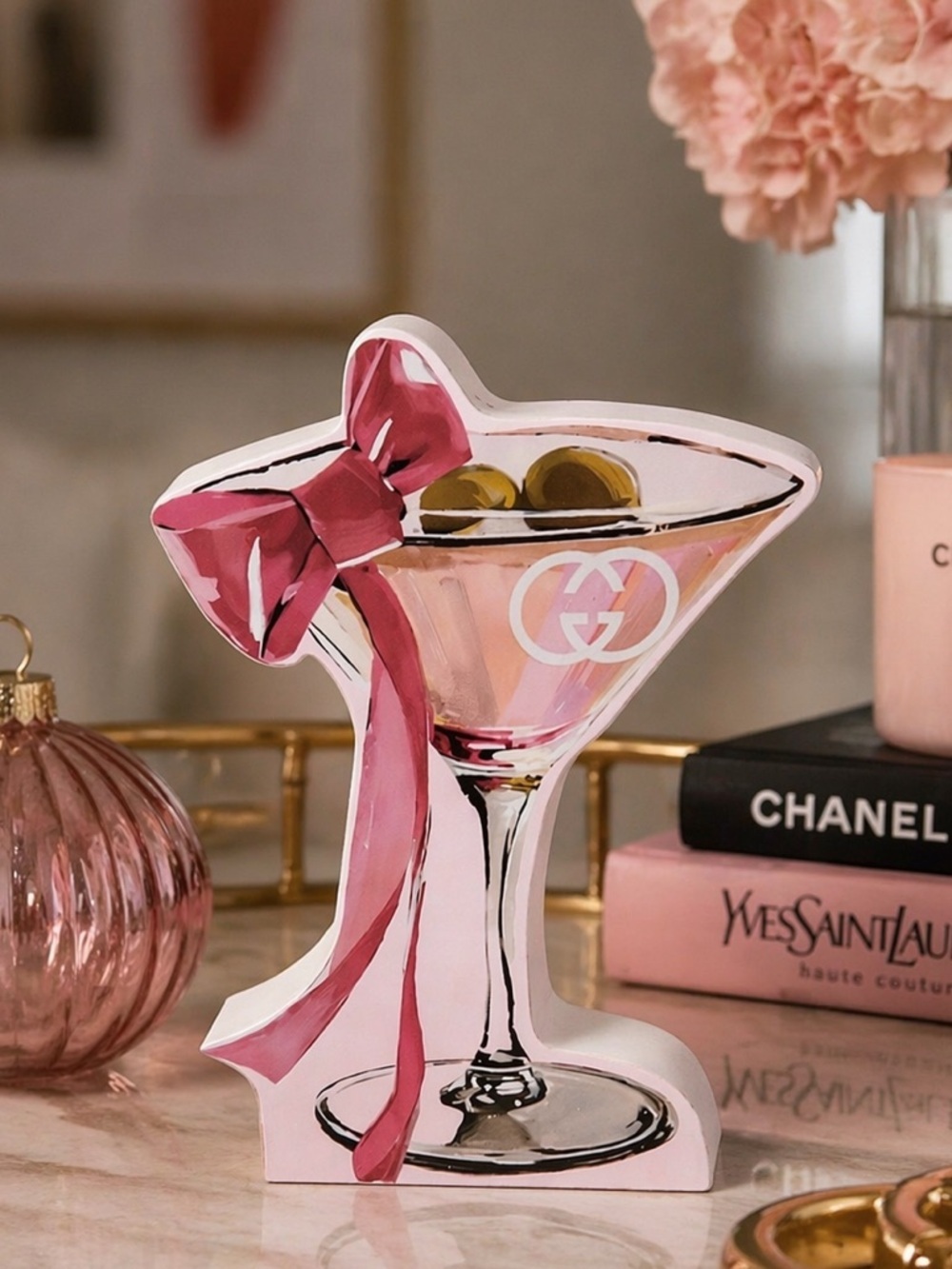Pink Martini Glass Fashion Art Wood Standee Block Decor Bow Glam Bar Shelf